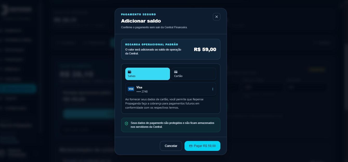 Adicionar saldo: escolher cartão salvo ou informar um novo