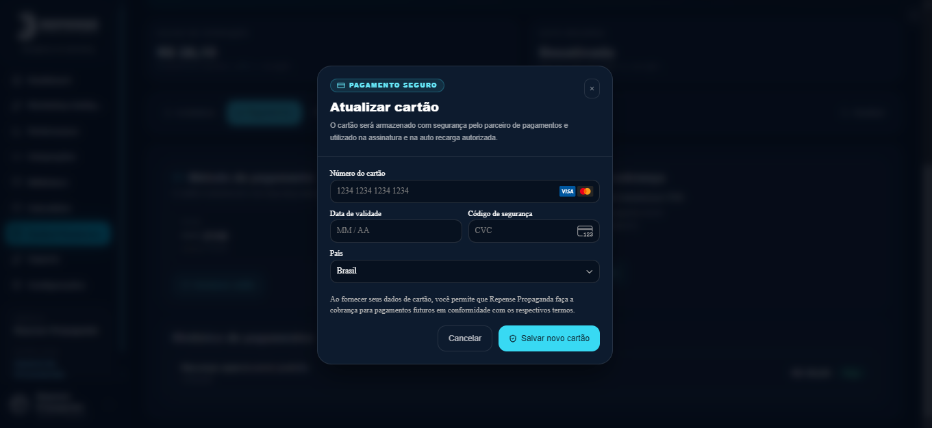 Atualizar cartão: número, validade, código de segurança e país
