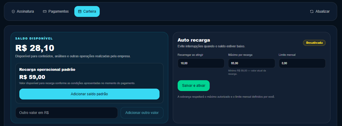 Saldo disponível e configuração de auto recarga