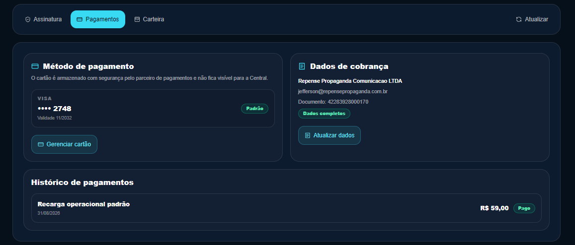 Método de pagamento (cartão cadastrado) e dados de cobrança na mesma tela do histórico