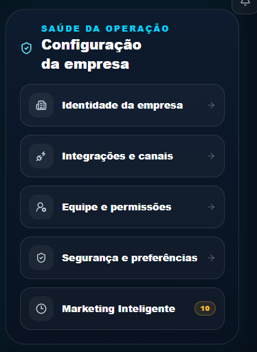 Atalho de configuração da empresa direto do Dashboard