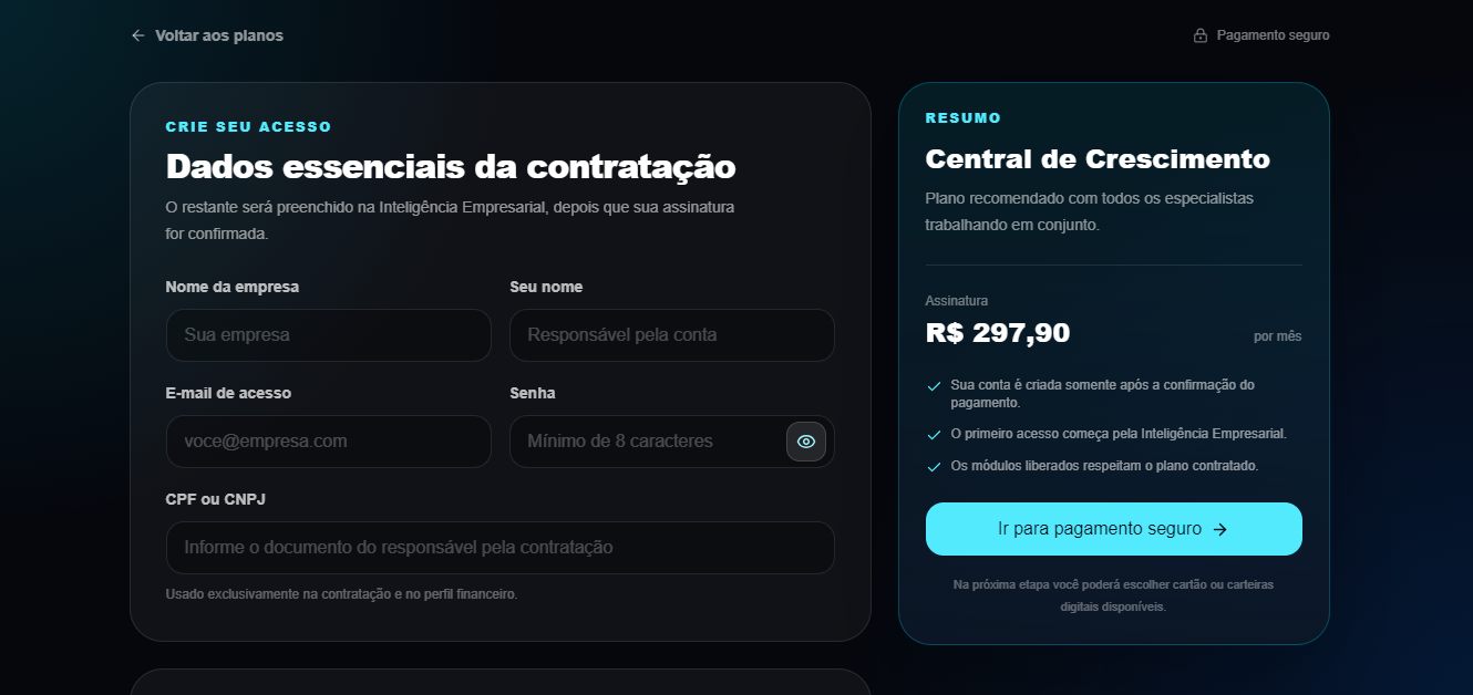Checkout: dados essenciais da contratação (empresa, e-mail e senha)