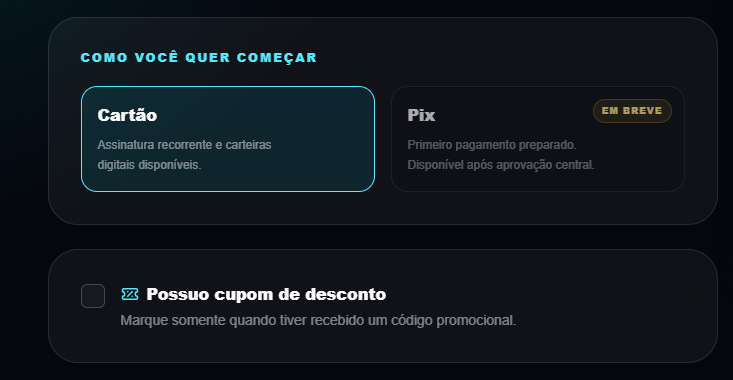 Checkout: forma de pagamento e campo de cupom