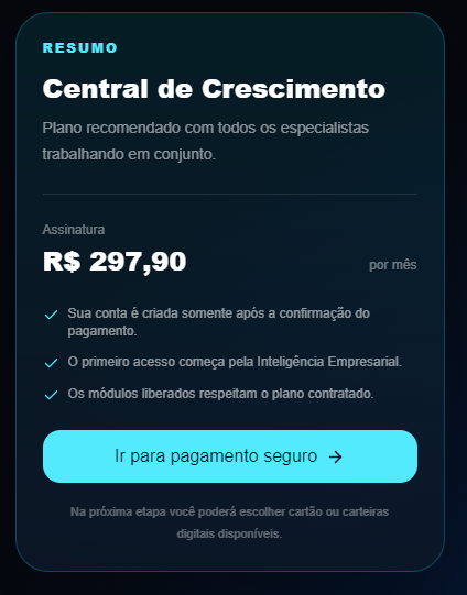 Checkout: resumo do plano e valor antes de ir para o pagamento