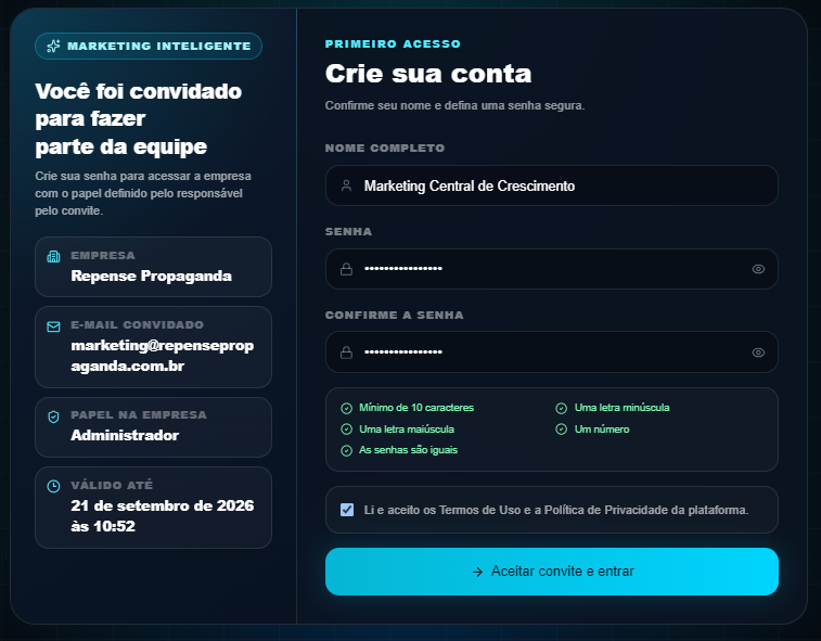 Tela de primeiro acesso: criar senha para aceitar o convite