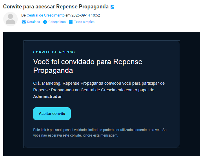 E-mail de convite de acesso recebido pela pessoa convidada