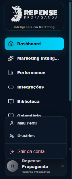 Menu do usuário: Meu Perfil, Usuários e Sair da conta