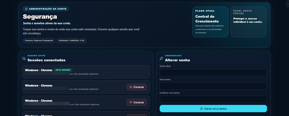 Sessões conectadas e troca de senha
