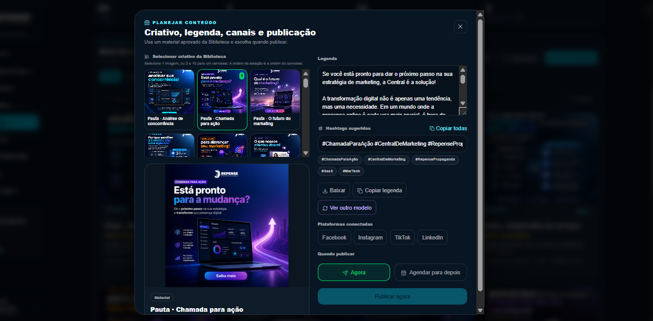 Detalhe de uma peça salva: publicar/agendar, baixar ou excluir