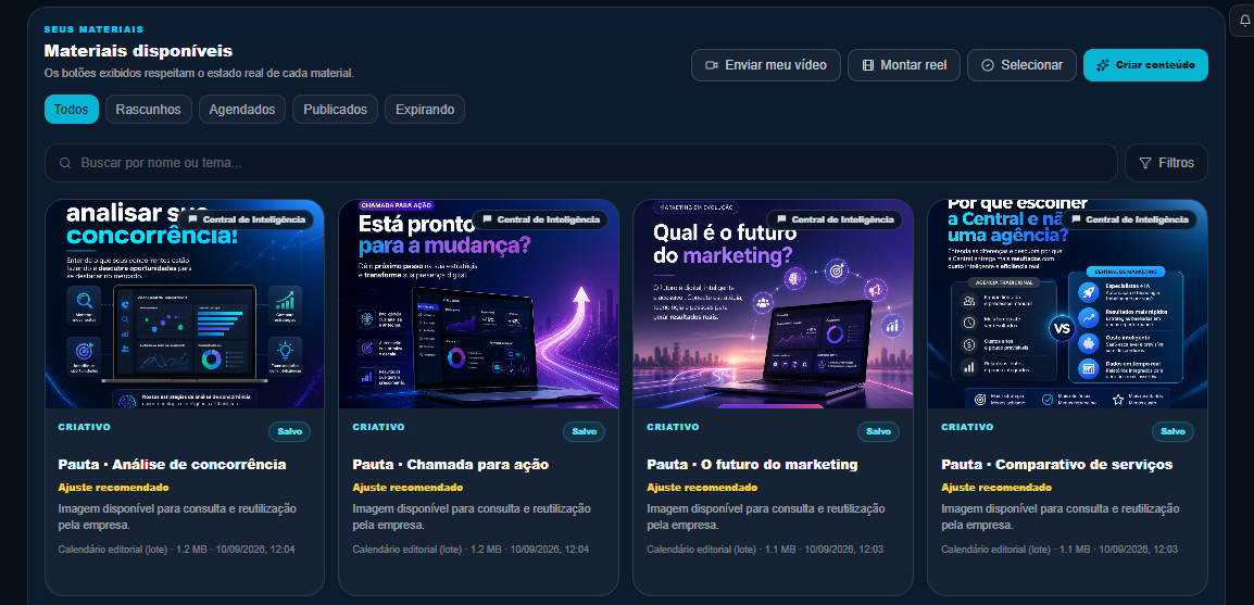 Filtros por status e ações rápidas da Biblioteca