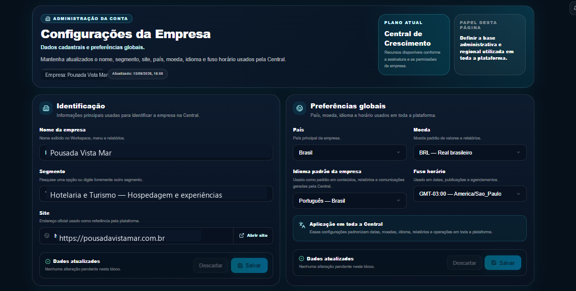 Configurações da empresa: nome, segmento, site e preferências