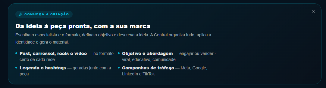 Da ideia à peça pronta: formato, objetivo, legenda/hashtags e campanhas de tráfego