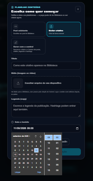 Enviar criativo: título, mídia, legenda e data/horário