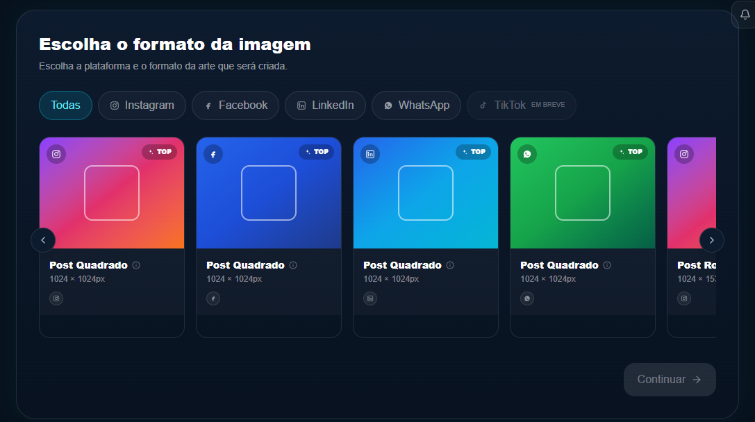 Escolha do formato da imagem por rede (Instagram, Facebook, LinkedIn, WhatsApp, TikTok)