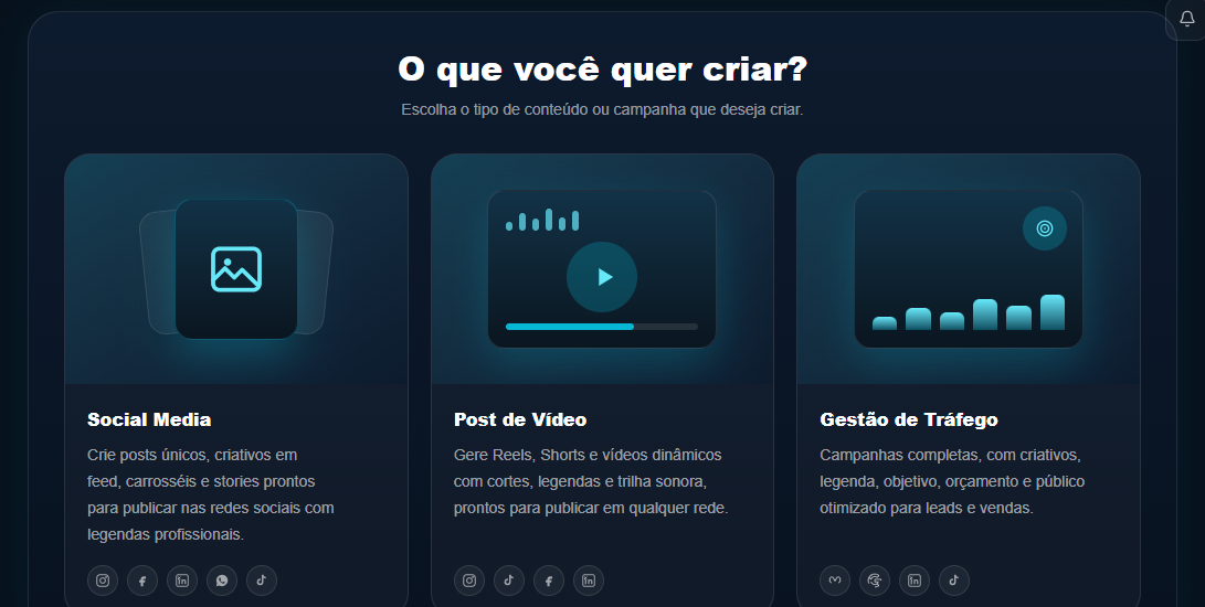 Escolha entre Social Media, Post de Vídeo ou Gestão de Tráfego