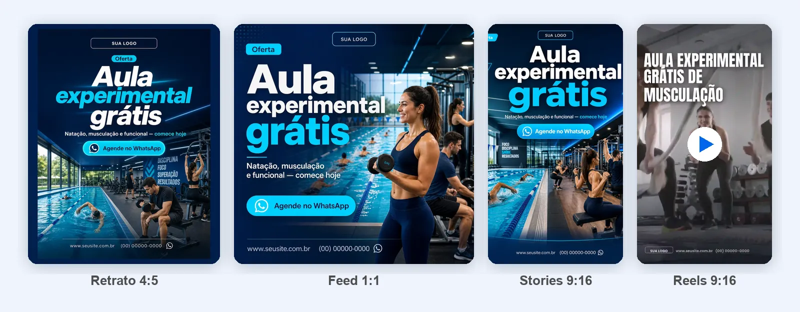 Criativo da Central de Crescimento IA em quatro formatos: retrato, feed, stories e reels
