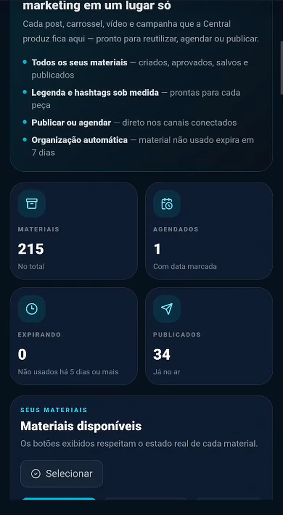 Calendário editorial do mês na Central