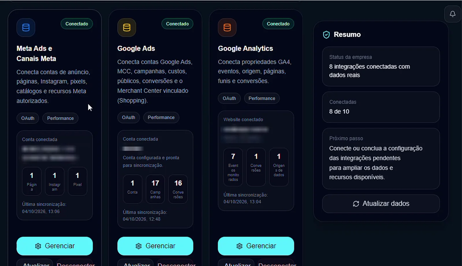 Integrações oficiais conectadas na Central
