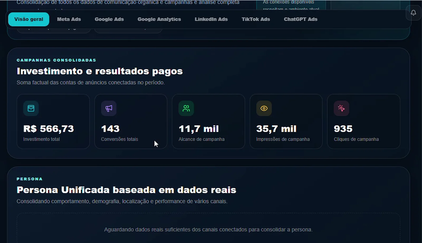Investimento e resultados pagos de todas as contas